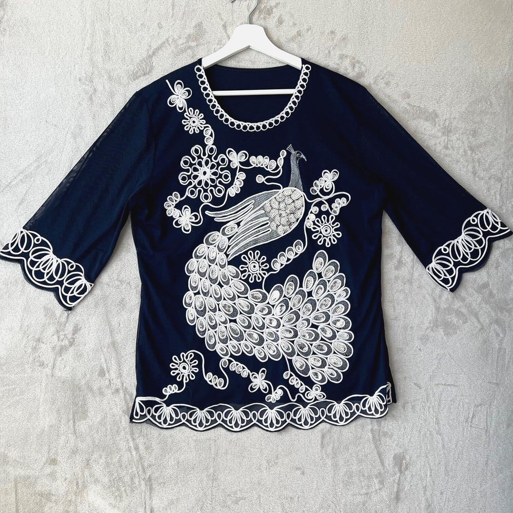 Embroidered Sequin Peacock Tunic Bell Sleeve 3/4 Sleeve Flower L/XL Boho Blouse